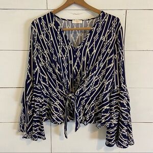 Chrysanthemum Aztec Print Tie Front Bell Sleeve Blouse. Size Small. Like New